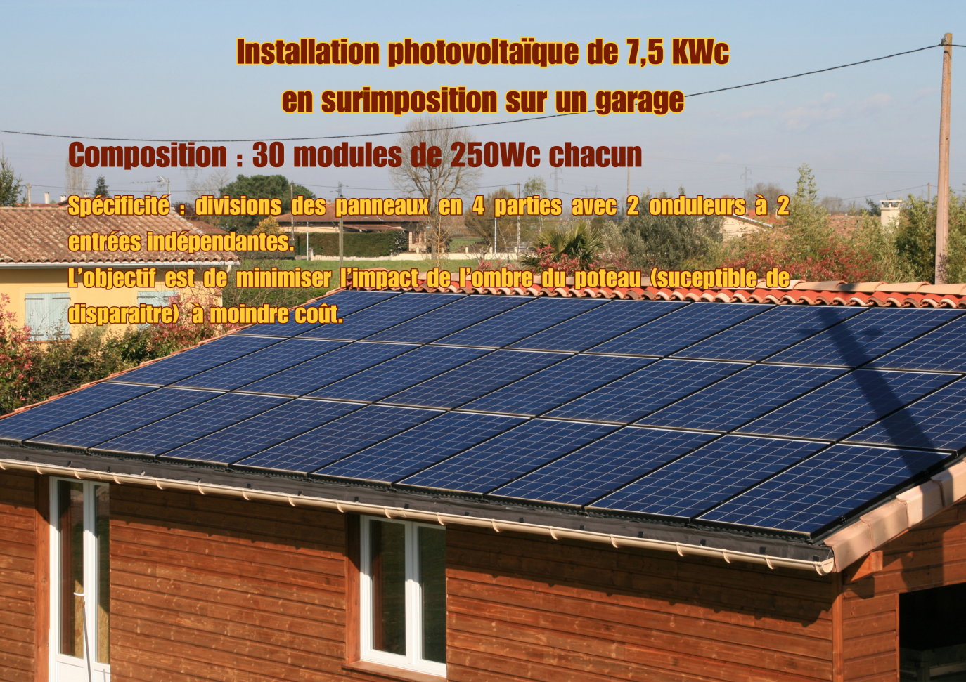 Installation PV en surimposition sur un garage de 30 modules divisés en 4 parties avec 2 onduleurs à 2 entrées indépendantes pour minimiser l'impact de l'ombre du poteau suceptible de disparaitre.