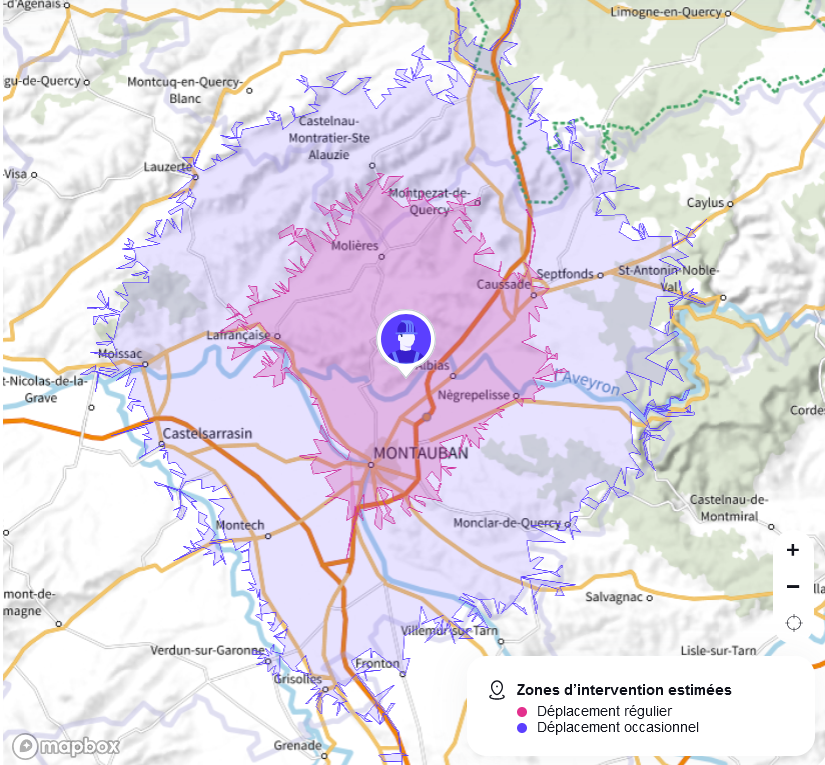 Carte de la zone d'intervention de Eh'lectrique dans le Tarn et Garonne. La zone s'étend à 40km autour de Lamothe-Capdeville, elle comprend des localités comme Moissac, Caussade, Castelsarrasin, Molières, Lafrançaise et Montauban.